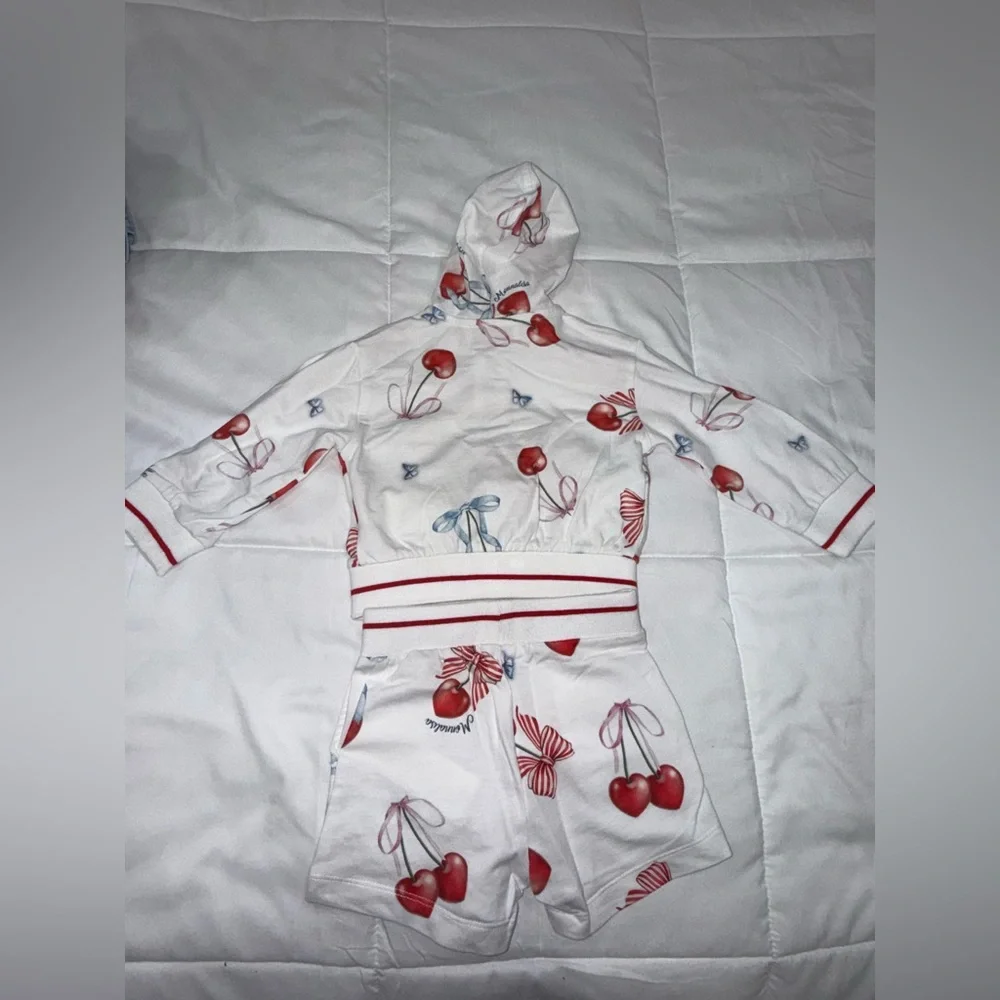 MonnaLisa White Cherry & Bow Hooded Zip Pajama Set - Picture 3 of 4